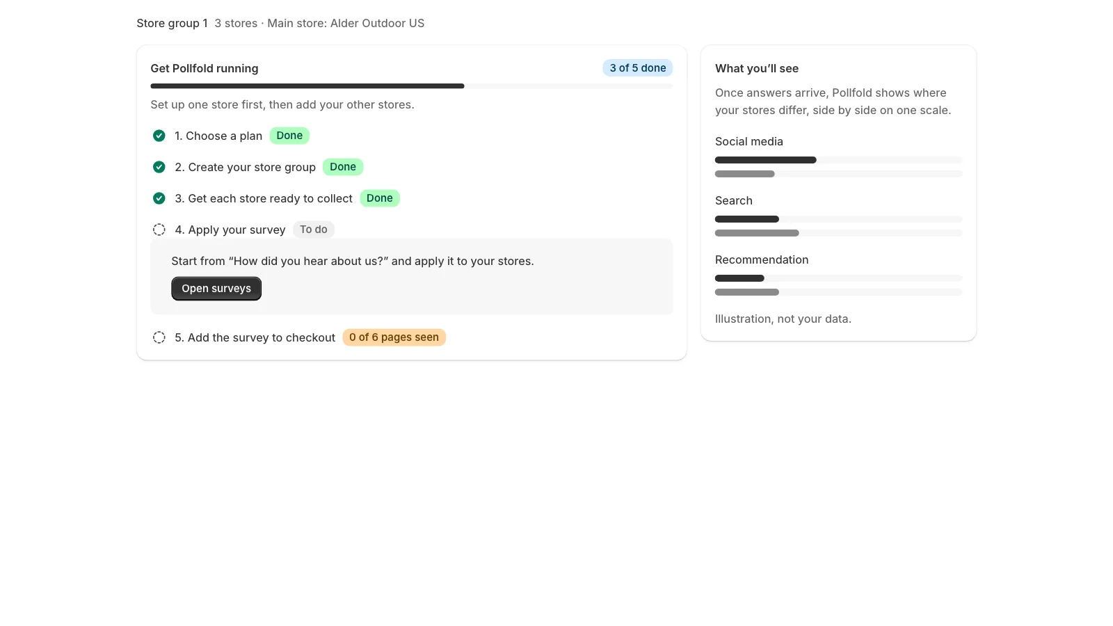 Setup guide with progress and one next step at a time